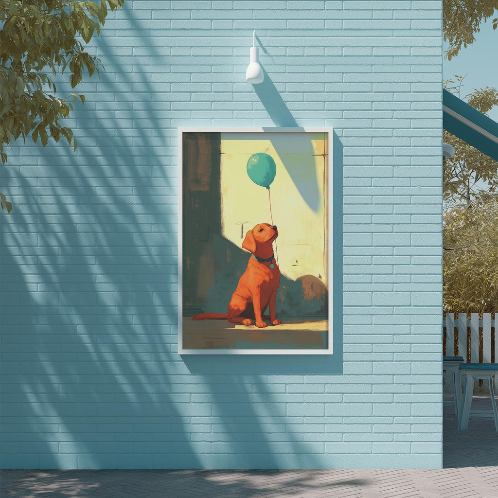 A framed painting of a dog sitting on a brick wall, holding a green balloon, is displayed on the wall.