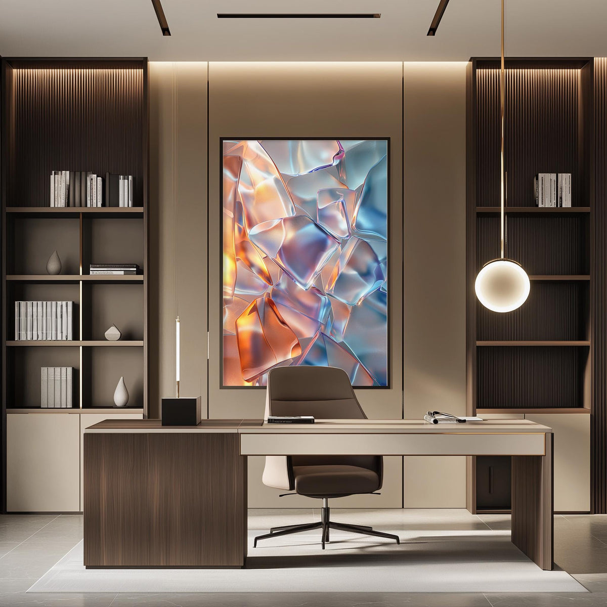 a modern and stylish office space with a large abstract painting on the wall, a wooden desk with a chair, and built-in bookshelves.