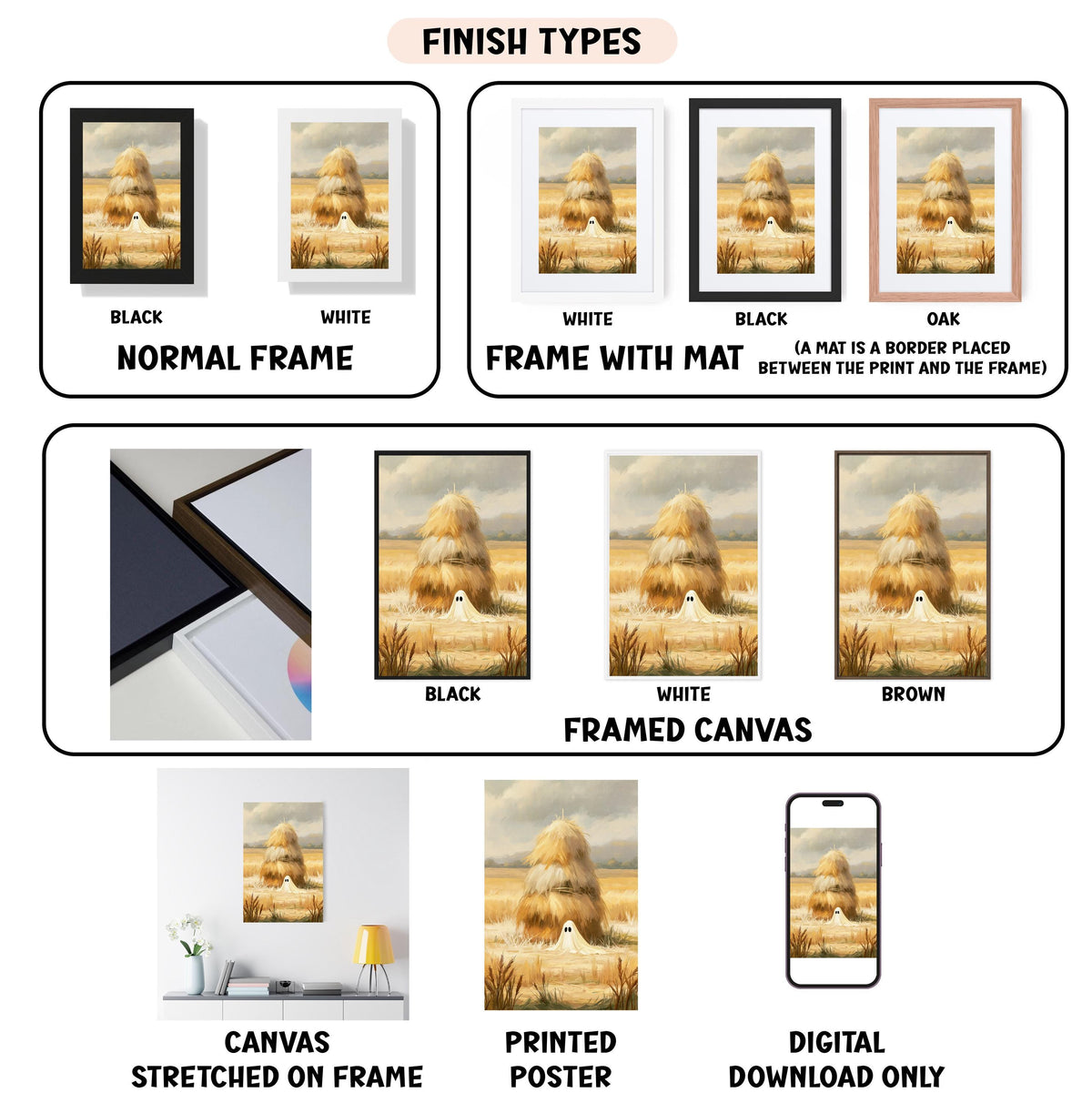 various finish types for a framed artwork, including a normal frame, a frame with a mat, a black frame, a white frame, a black frame, a white frame, a brown frame, a stretched canvas, a printed poster, and a digital download only.