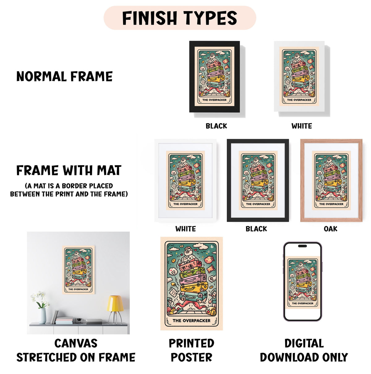 various framed artworks, including a tarot card, a canvas, a poster, and a digital download. The artworks are presented in different frame styles, such as a normal frame, a black frame, a white frame, and an oak frame. The artworks are labeled with their respective finish types, such as canvas stretched on frame, printed poster, and digital download only. The image is described in terms of its content, style, and presentation, without providing specific details about each artwork.