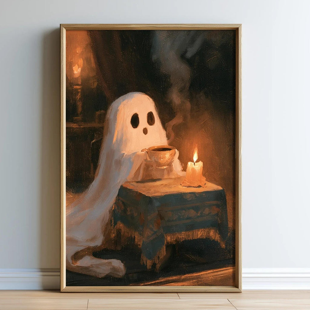 a ghost sitting at a table with a lit candle, creating a spooky and atmospheric scene.