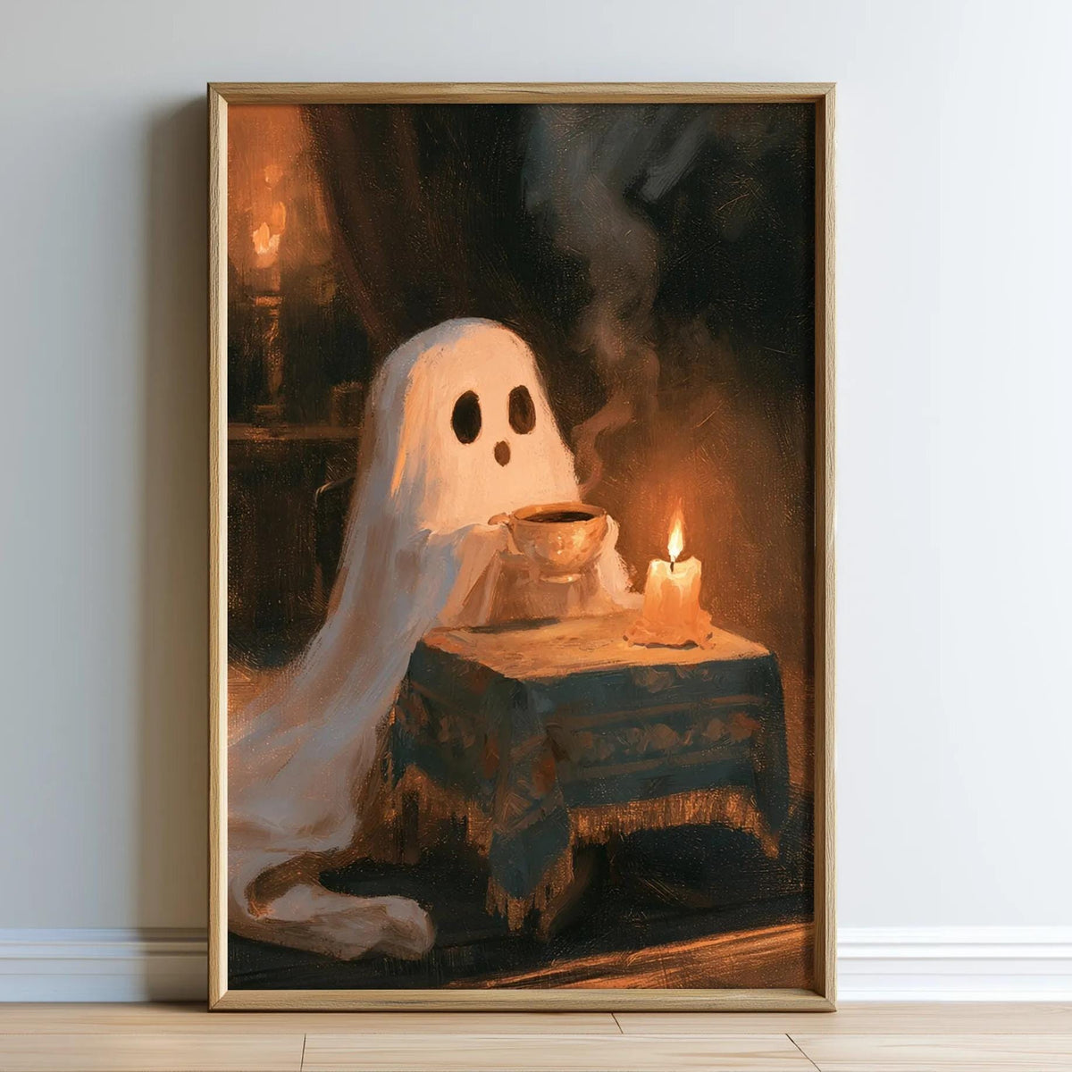 a ghost sitting at a table with a lit candle, creating a spooky and atmospheric scene.