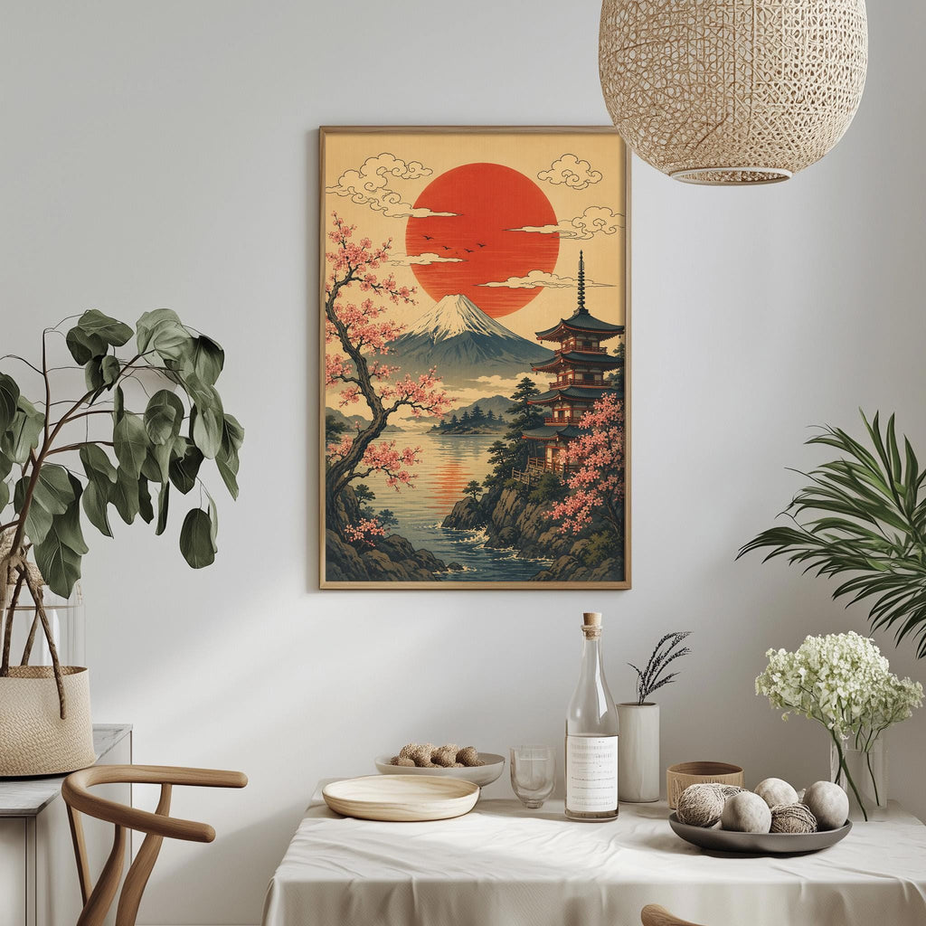 a dining table with a white tablecloth, a bottle, a bowl, and a vase with flowers. Above the table, there is a framed picture of a Japanese temple with a red sun in the background.