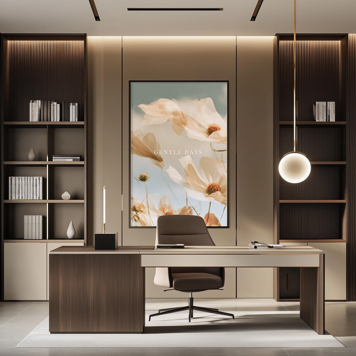 a modern and well-designed office space with a large floral artwork on the wall, a wooden desk, and a comfortable-looking chair.