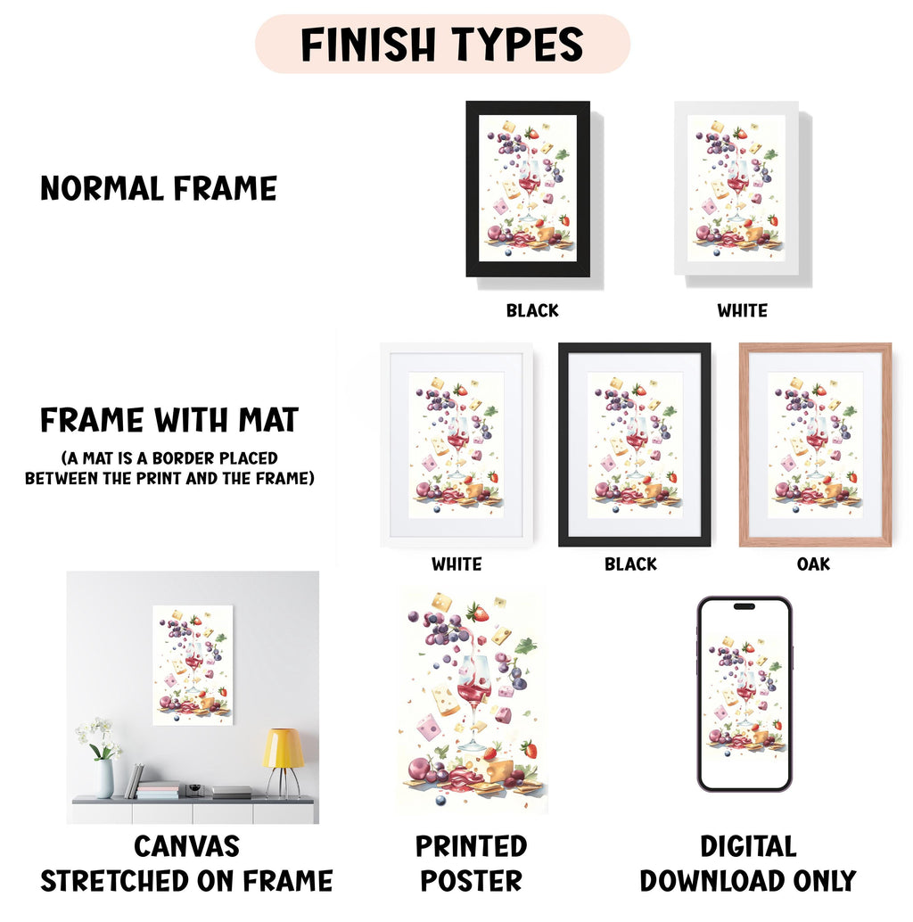 various types of artwork, including a normal frame, a frame with a mat, a white frame, a black frame, an oak frame, a white canvas stretched on a frame, a printed poster, and a digital download only.