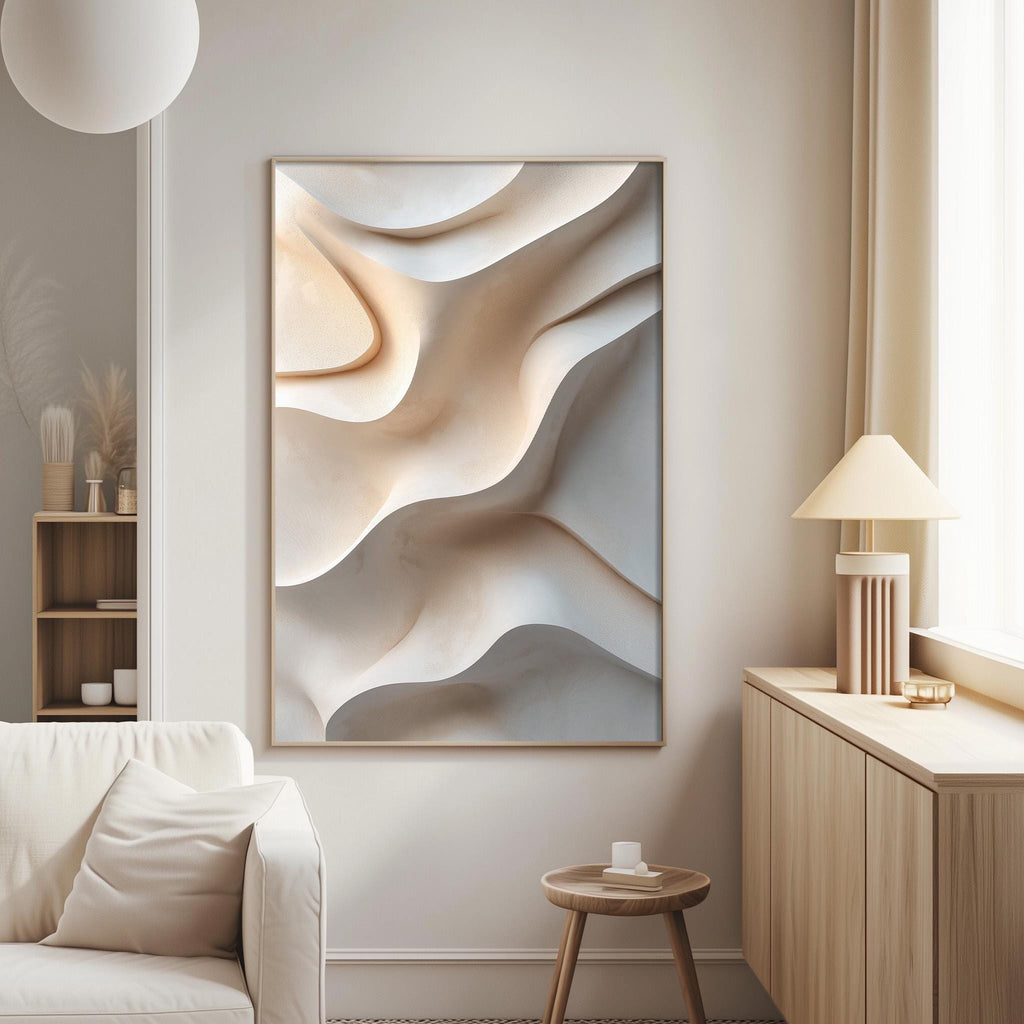 a modern living room with a large abstract painting hanging on the wall, a white sofa, a wooden side table, and a lamp on a wooden cabinet.