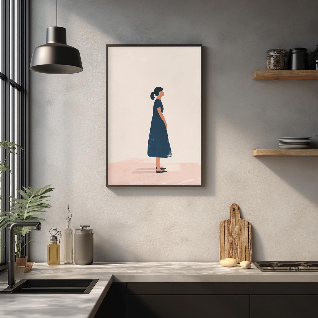 a framed illustration of a woman in a blue dress standing in a kitchen setting, with various kitchen items and decor visible below the artwork.