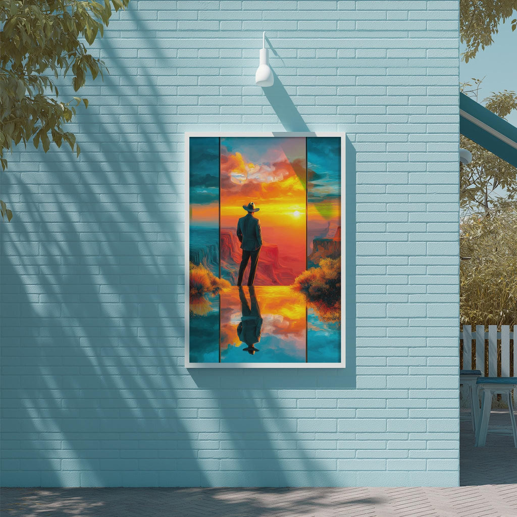 a person standing in front of a blue wall, with a painting of a sunset and mountains displayed above them.