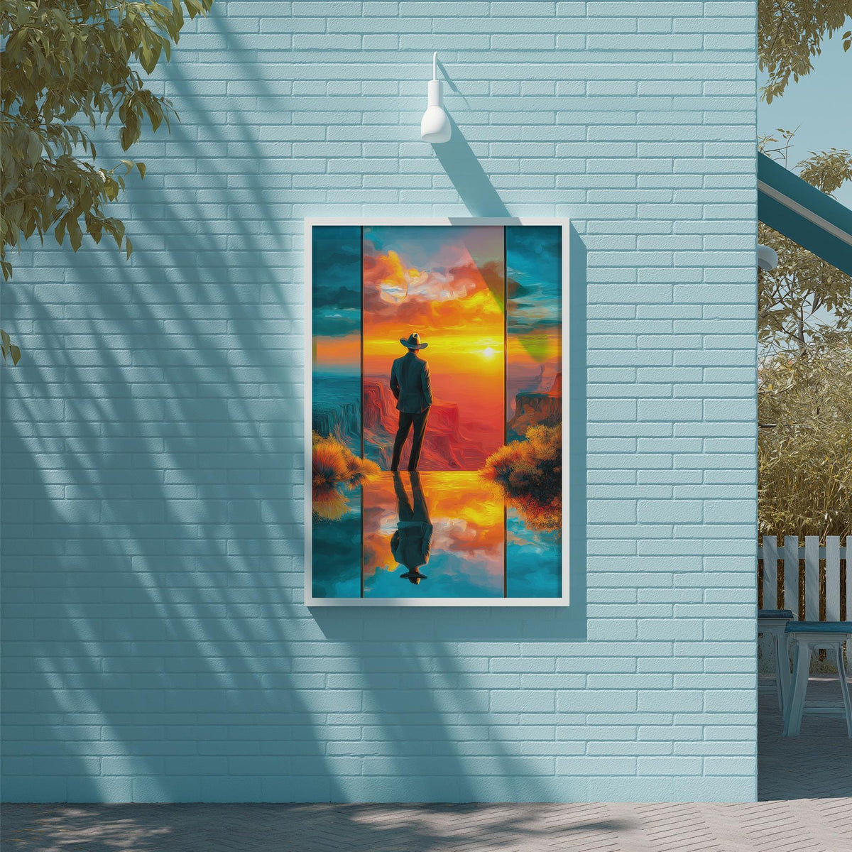 a person standing in front of a blue wall, with a painting of a sunset and mountains displayed above them.