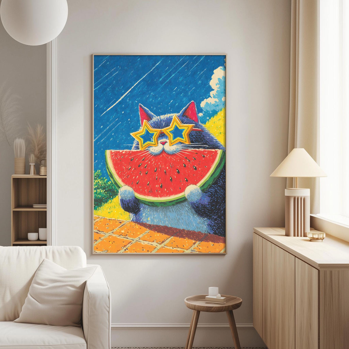 a vibrant painting of a cat holding a watermelon slice, with the cat wearing sunglasses and surrounded by a colorful, whimsical scene.
