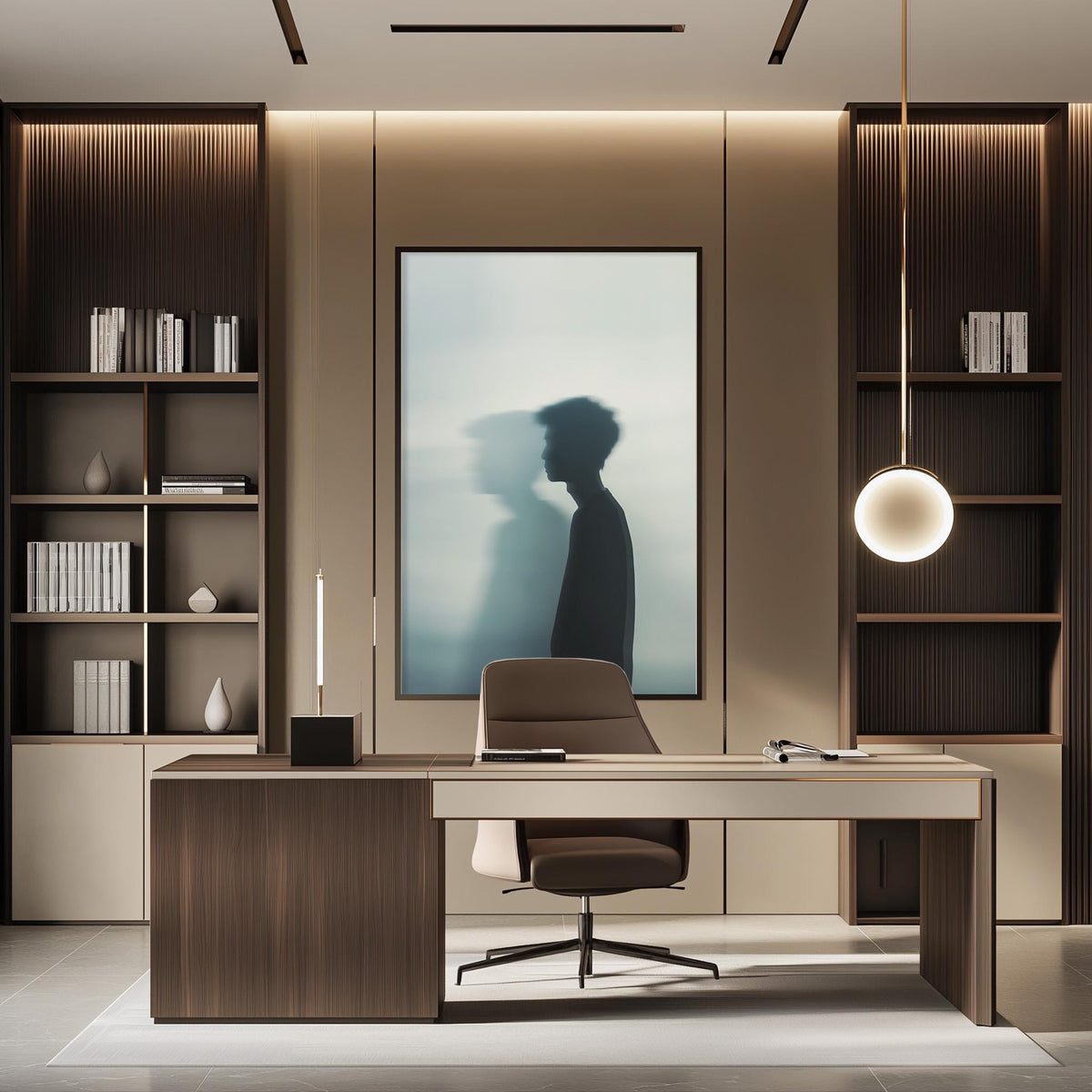 a modern and minimalist office space with a large wooden desk, a comfortable-looking chair, and a framed artwork on the wall.