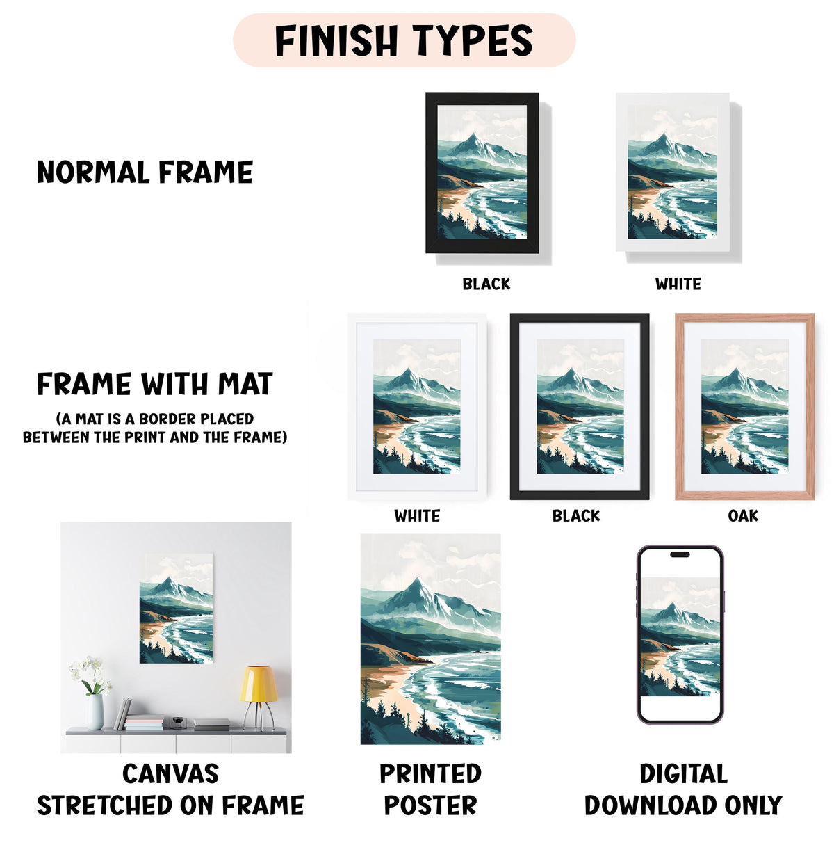 various finish types for artwork, including a normal frame, a frame with a mat, a white frame, a black frame, an oak frame, a white canvas stretched on a frame, a printed poster, and a digital download only.