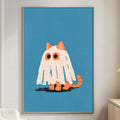 a cozy living room with a white couch, a wooden side table, and a framed poster of a ghost cat on the wall.