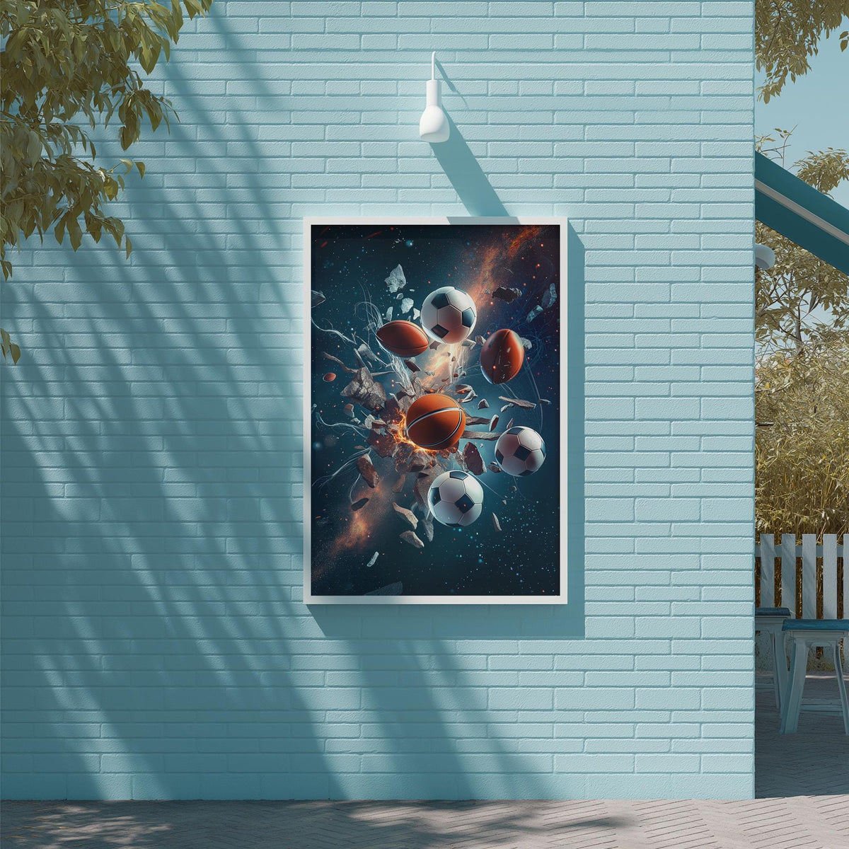 a vibrant and colorful abstract painting of a soccer ball surrounded by various cosmic elements, such as planets, stars, and comets, set against a blue brick wall.