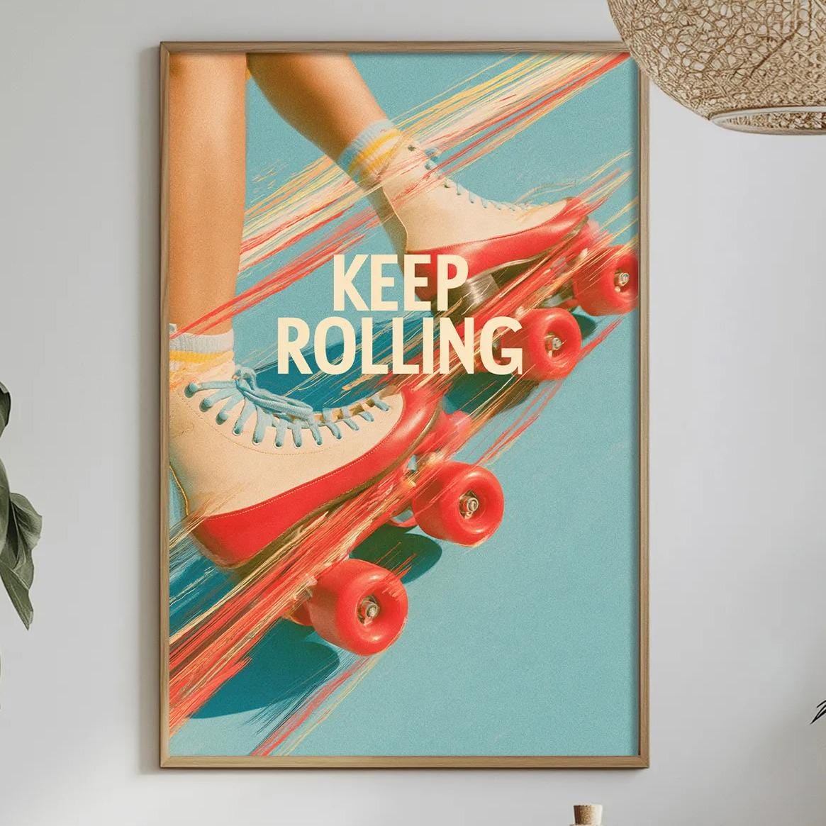 a framed poster with the text "KEEP ROLLING" on a wall, surrounded by various decorative elements such as potted plants, a dining table, and a bottle.