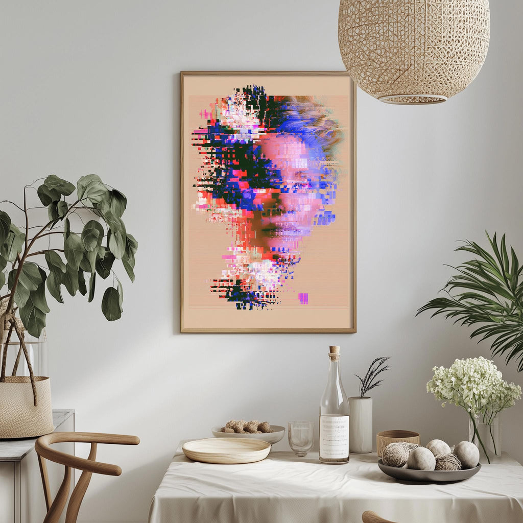 a modern art piece with a colorful abstract design, hanging on a wall above a dining table with various decorative items and plants.