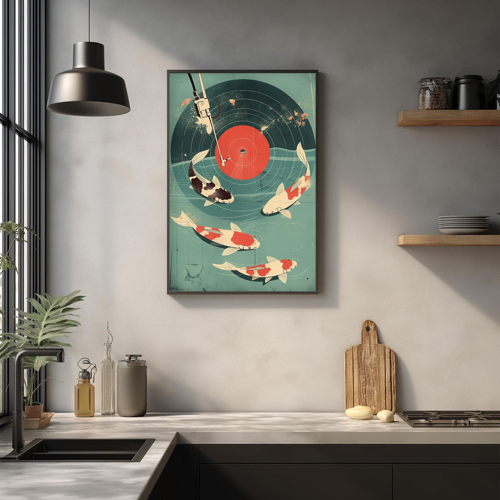a kitchen counter with a framed artwork of koi fish on the wall above it. The artwork is a vibrant illustration of three koi fish swimming in a circular pattern, with a red target in the center. The kitchen counter has various items on it, including a cutting board, a bottle, and a bowl.
