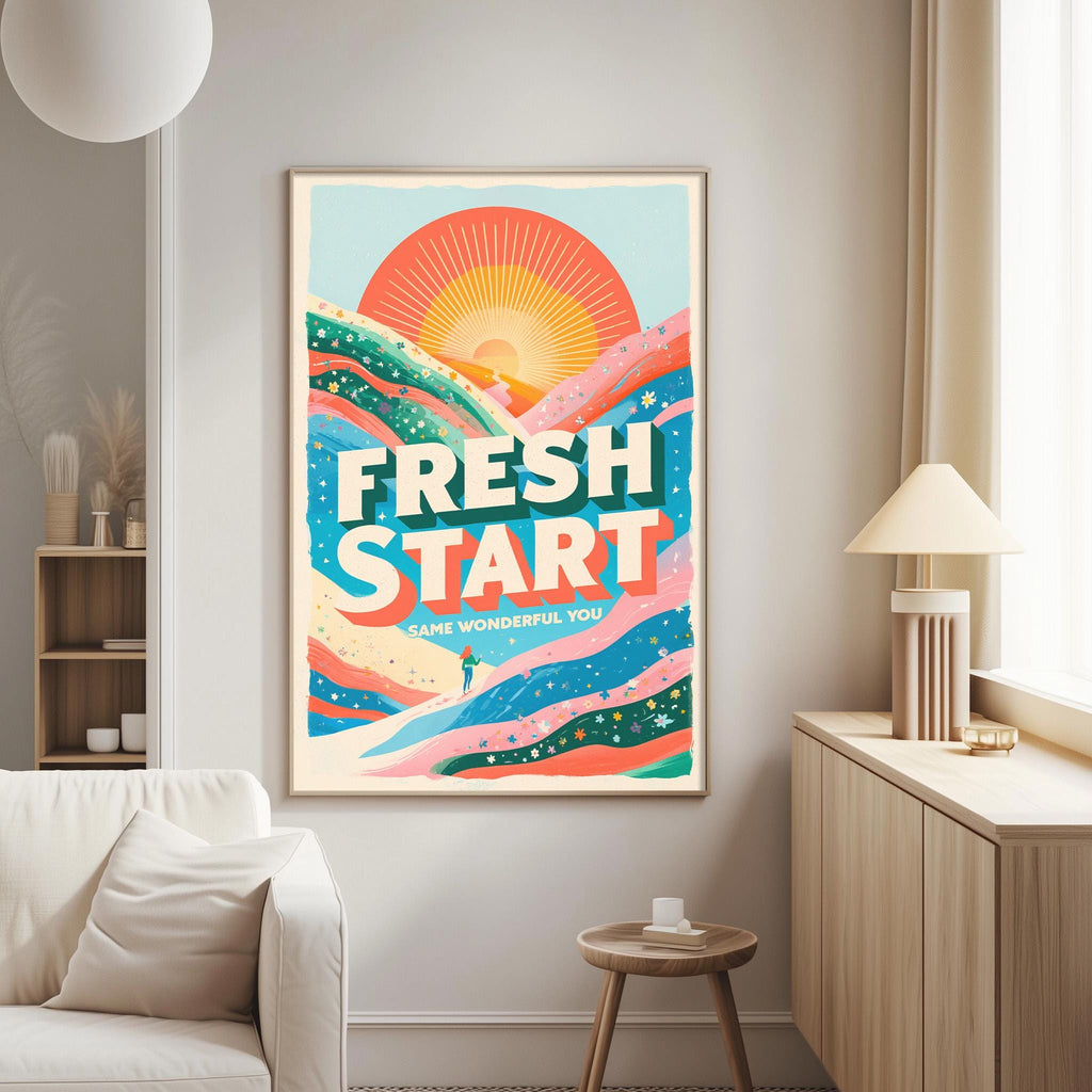 a vibrant poster with a sun and mountains, hanging on a wall in a living room.