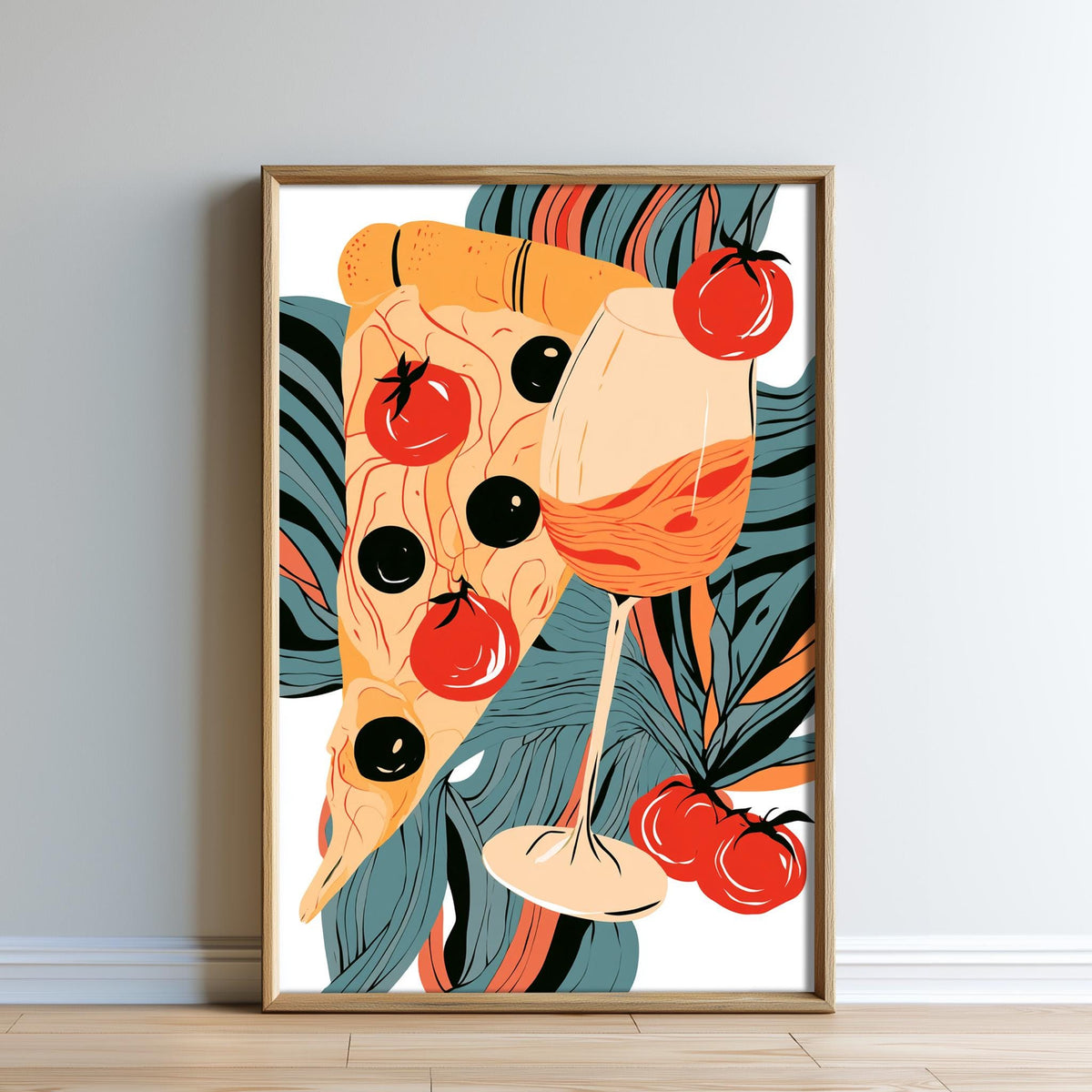 A framed illustration depicting a slice of pizza with tomatoes and a glass of wine, set against a colorful background with tropical foliage.
