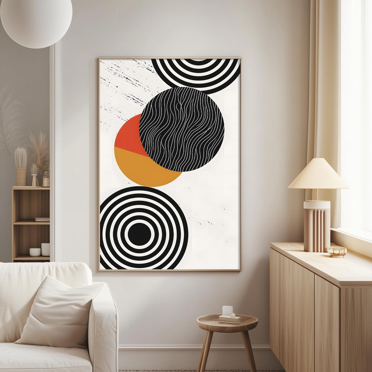 a modern living room with a white sofa, a wooden side table, and a large abstract painting hanging on the wall.