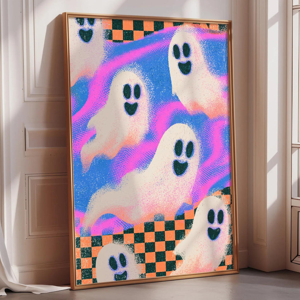 a large framed poster with a vibrant, colorful design of ghostly figures against a checkered background.
