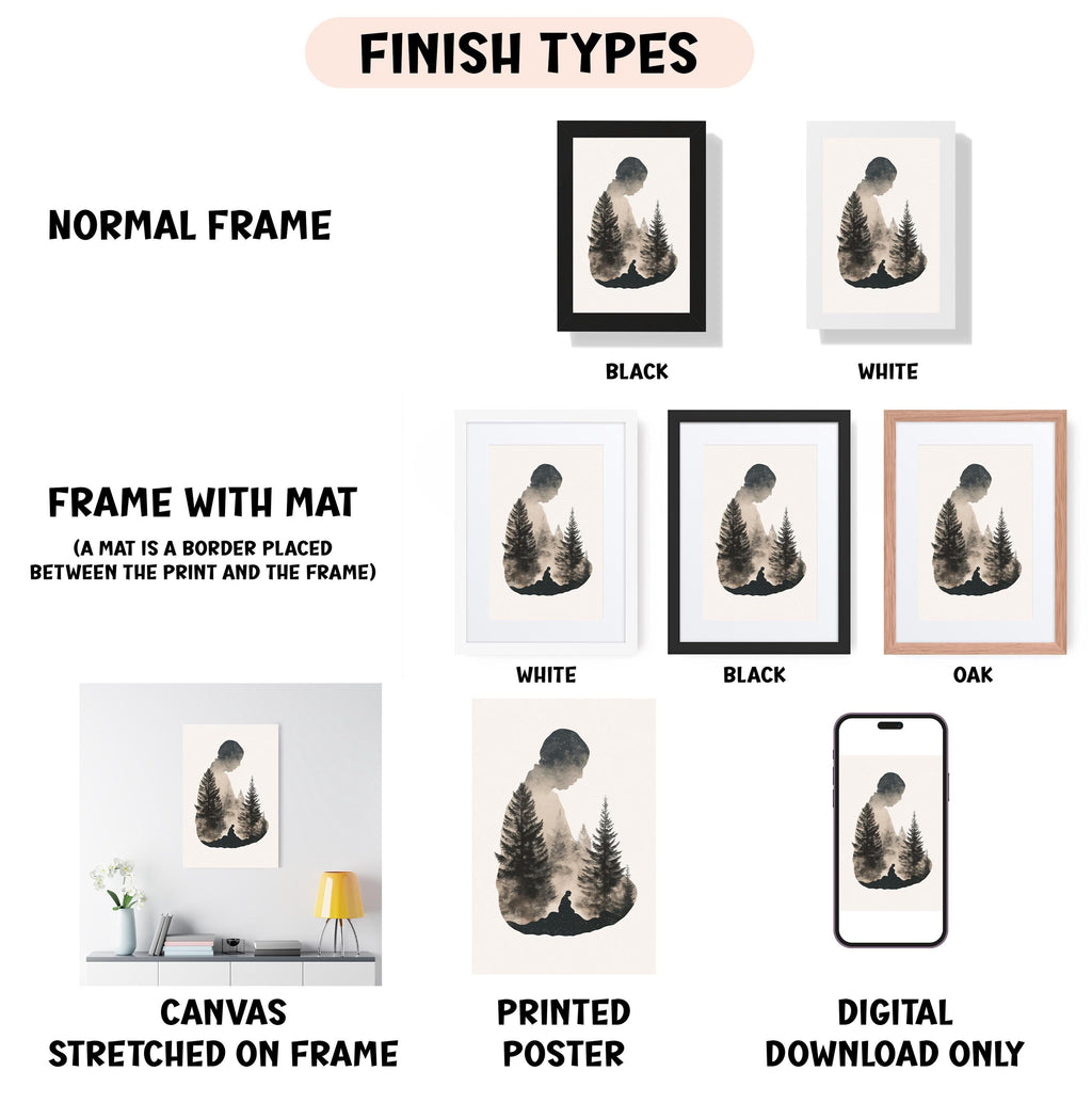 various types of artwork, including a canvas stretched on a frame, a framed print, a poster, and a digital download. The artwork is presented in different frame colors and styles, such as a normal frame, a black frame, a white frame, and an oak frame. The artwork is described as a mat placed between the print and the frame, and it is a canvas stretched on a frame. The artwork is also categorized as a frame with mat, a printed poster, and a digital download.