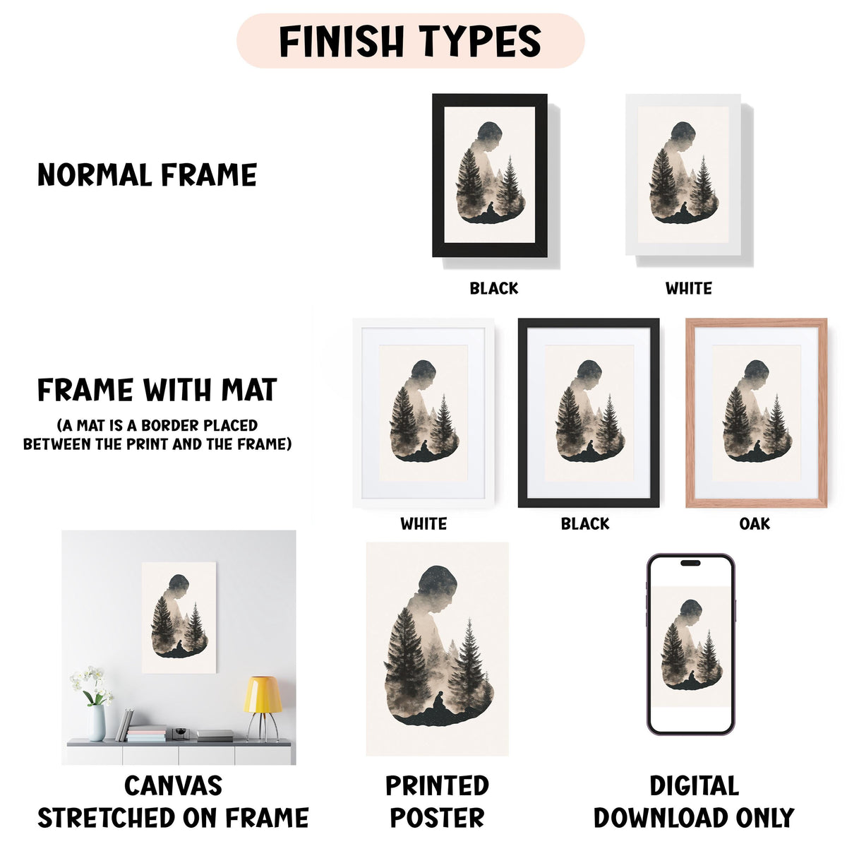 various types of artwork, including a canvas stretched on a frame, a framed print, a poster, and a digital download. The artwork is presented in different frame colors and styles, such as a normal frame, a black frame, a white frame, and an oak frame. The artwork is described as a mat placed between the print and the frame, and it is a canvas stretched on a frame. The artwork is also categorized as a frame with mat, a printed poster, and a digital download.
