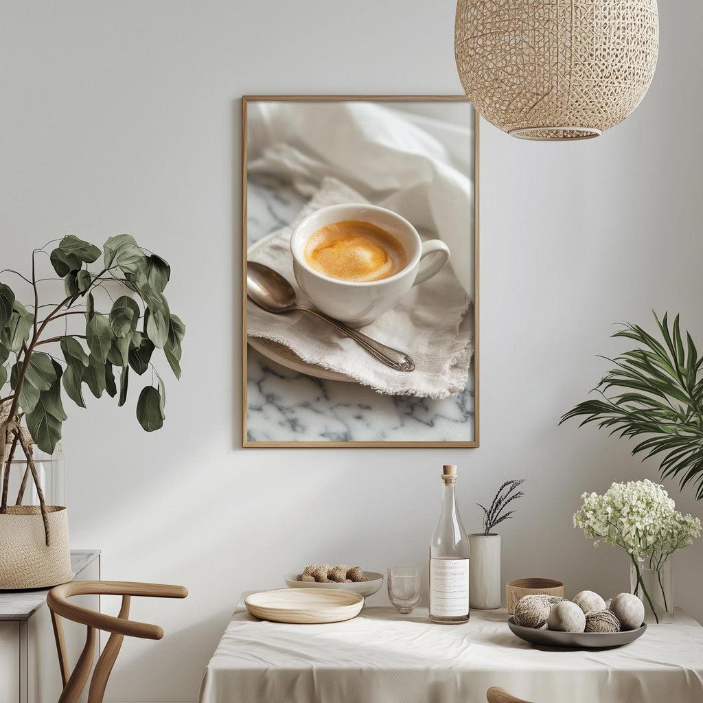 a cozy and inviting dining area with a framed photograph of a cup of coffee on a marble countertop, surrounded by various decorative elements such as potted plants, vases, and bowls.
