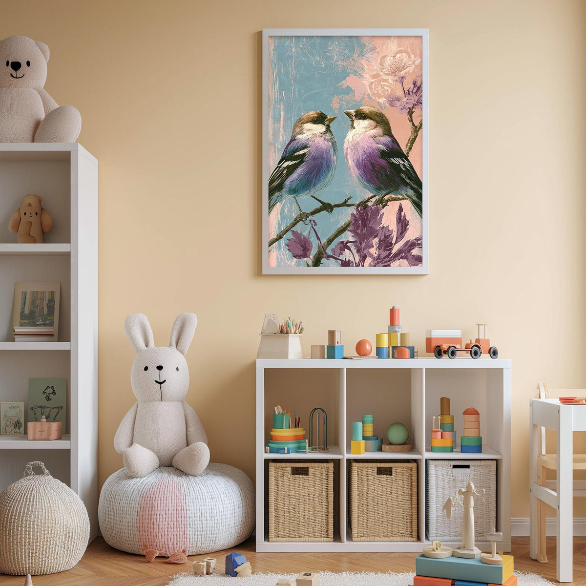 A cozy children's room with a white rabbit sitting on a bean bag chair, surrounded by toys and a bookshelf. A framed painting of two birds perched on a branch with flowers is displayed on the wall above the bookshelf.