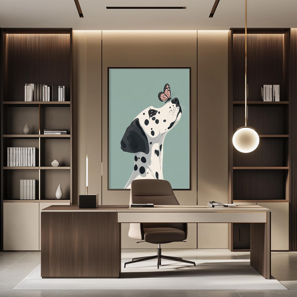 a modern office space with a large framed poster of a Dalmatian dog with a butterfly on the wall. The office has a wooden desk, a comfortable-looking chair, and a bookshelf filled with books. The overall design and decor create a stylish and professional atmosphere.