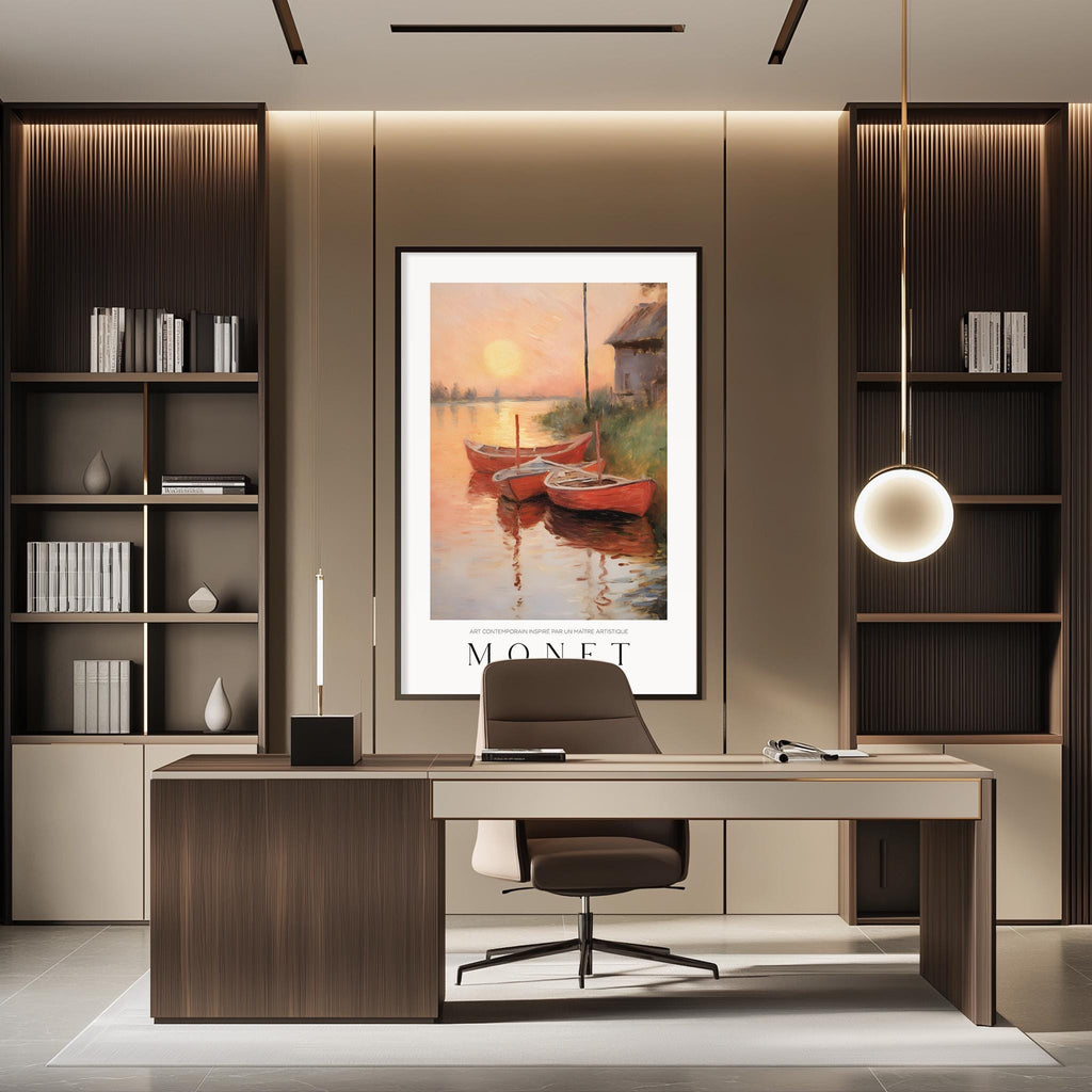 a modern office space with a large framed painting of boats on a lake hanging on the wall. The painting is titled "Monet" and is surrounded by bookshelves and a desk with a chair.