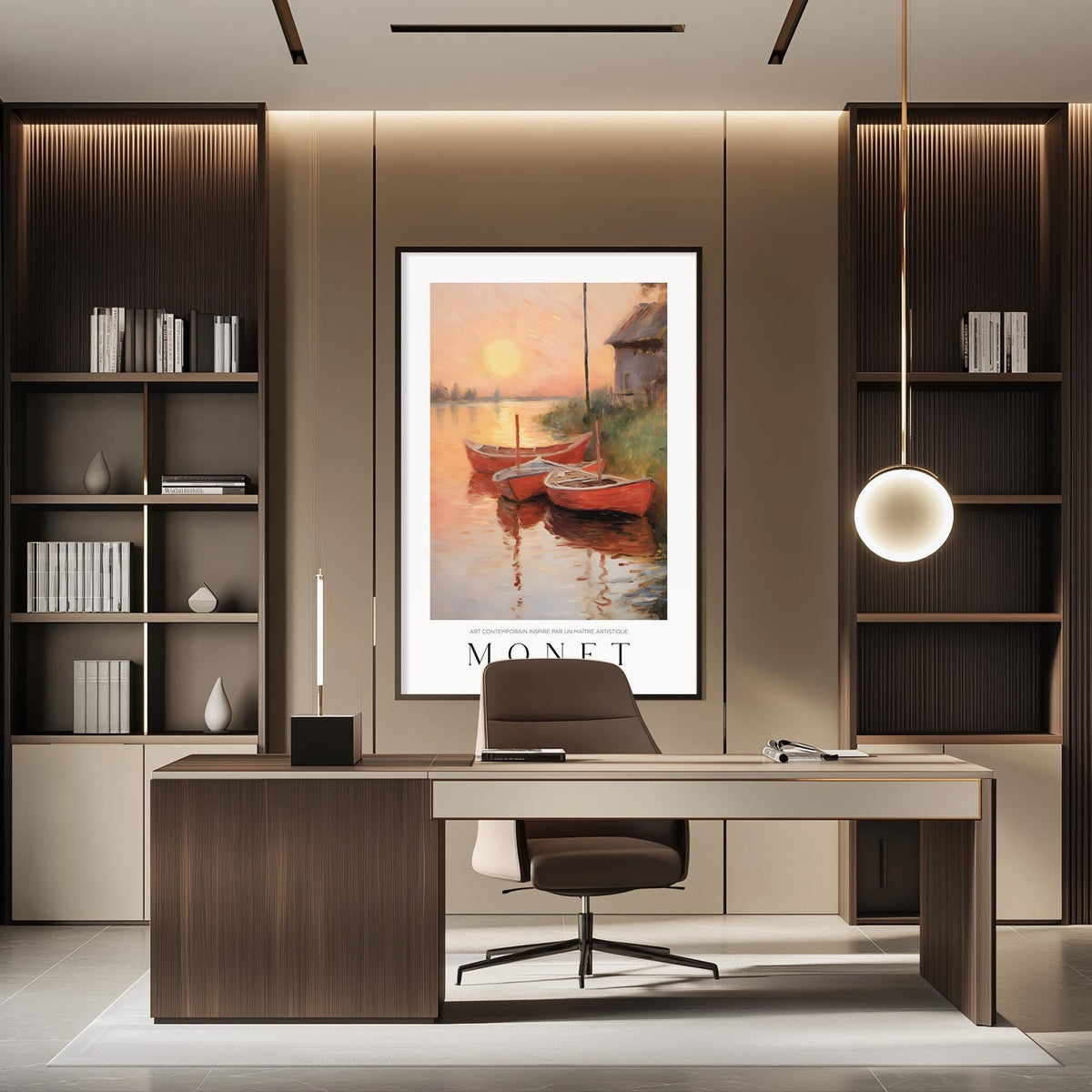 a modern office space with a large framed painting of boats on a lake hanging on the wall. The painting is titled "Monet" and is surrounded by bookshelves and a desk with a chair.