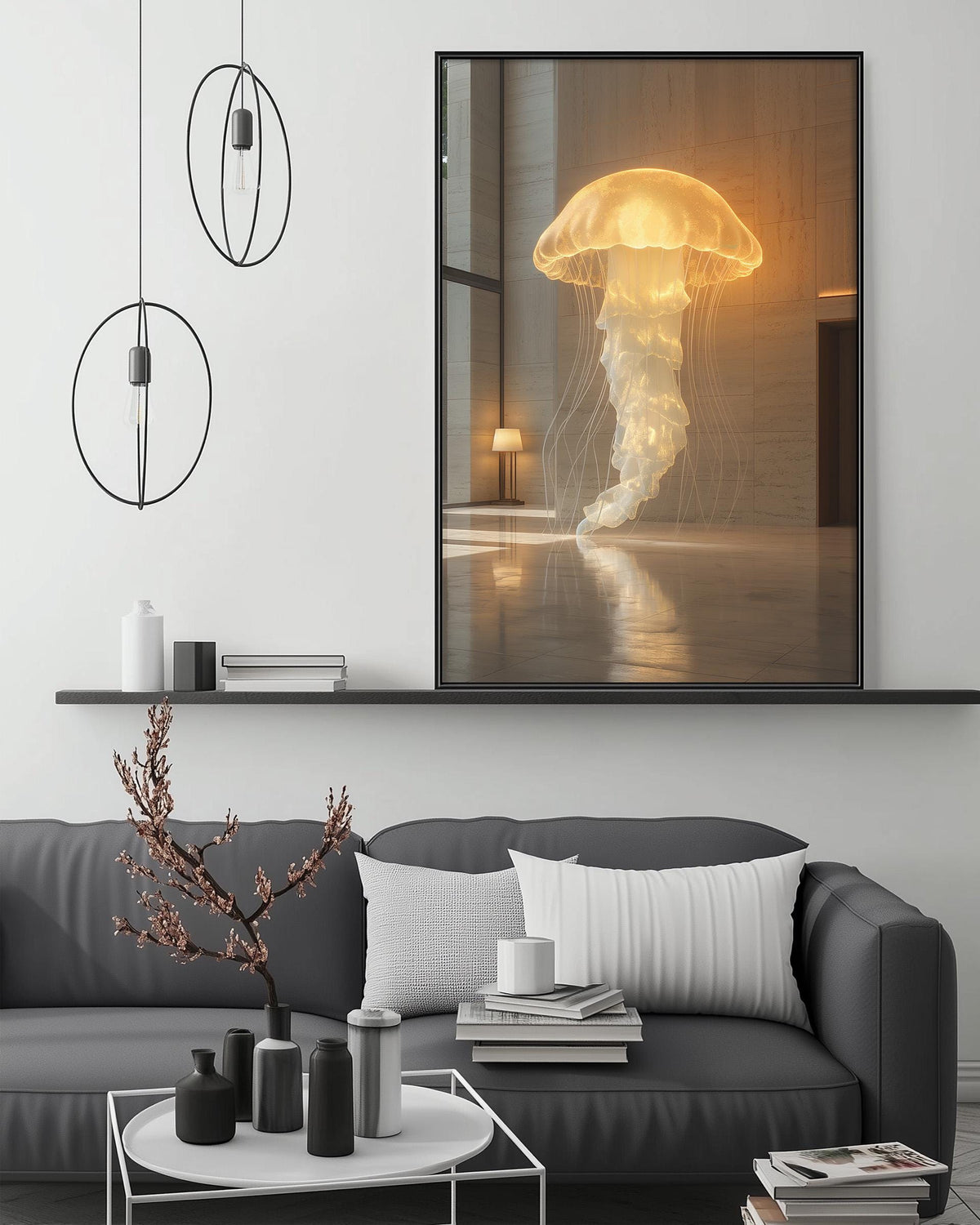 a modern living room with a gray sofa, a coffee table, and a large framed artwork depicting a jellyfish illuminated by a warm light.