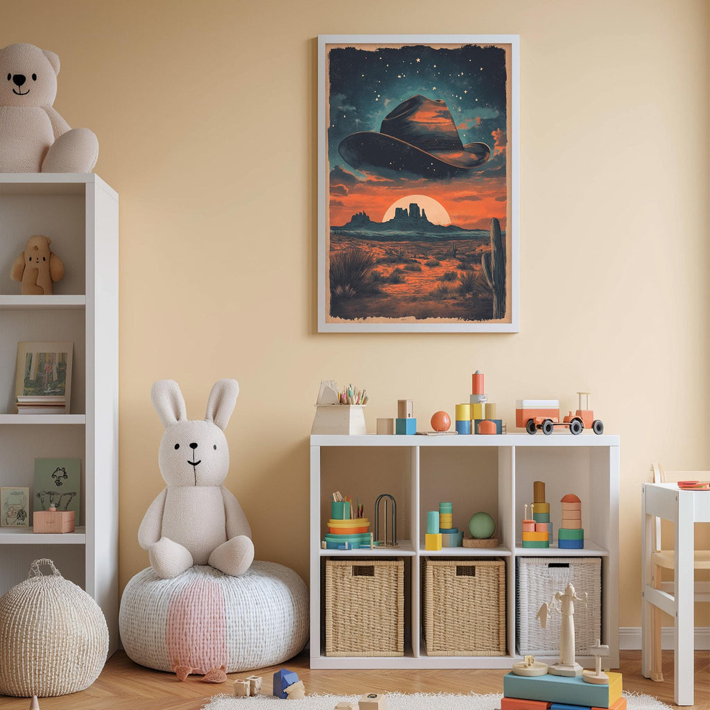 A cozy children's bedroom with a large cowboy hat poster on the wall, a stuffed rabbit, a toy train, and a bookshelf filled with toys and books.