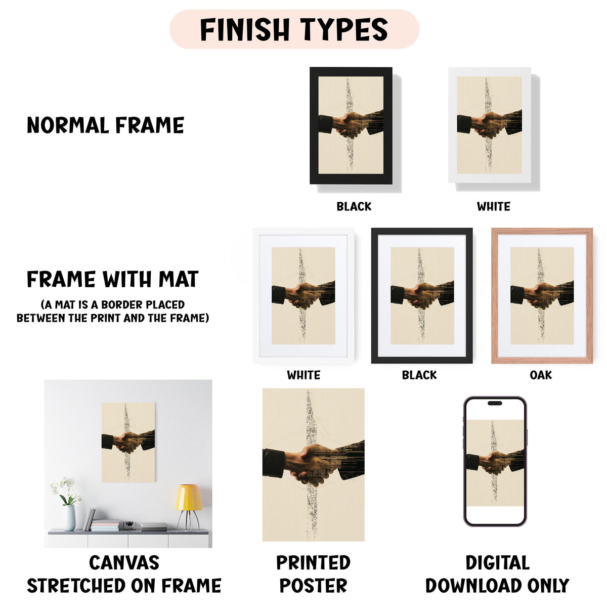 various framed artworks, including a canvas stretched on a frame, a framed poster, and a digital poster. The artworks are presented in different frame colors and styles, such as a normal frame, a black frame, a white frame, and a black frame. The artworks are labeled with the finish types, such as "NORMAL FRAME", "FRAME WITH MAT (MAT is a border placed between the print and the frame)", "WHITE", "BLACK", and "OAK".
