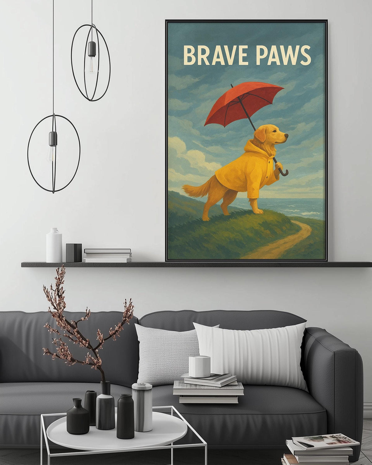a large painting of a dog standing on a hill, holding an umbrella, with the text "BRAVE PAWS" written above it.