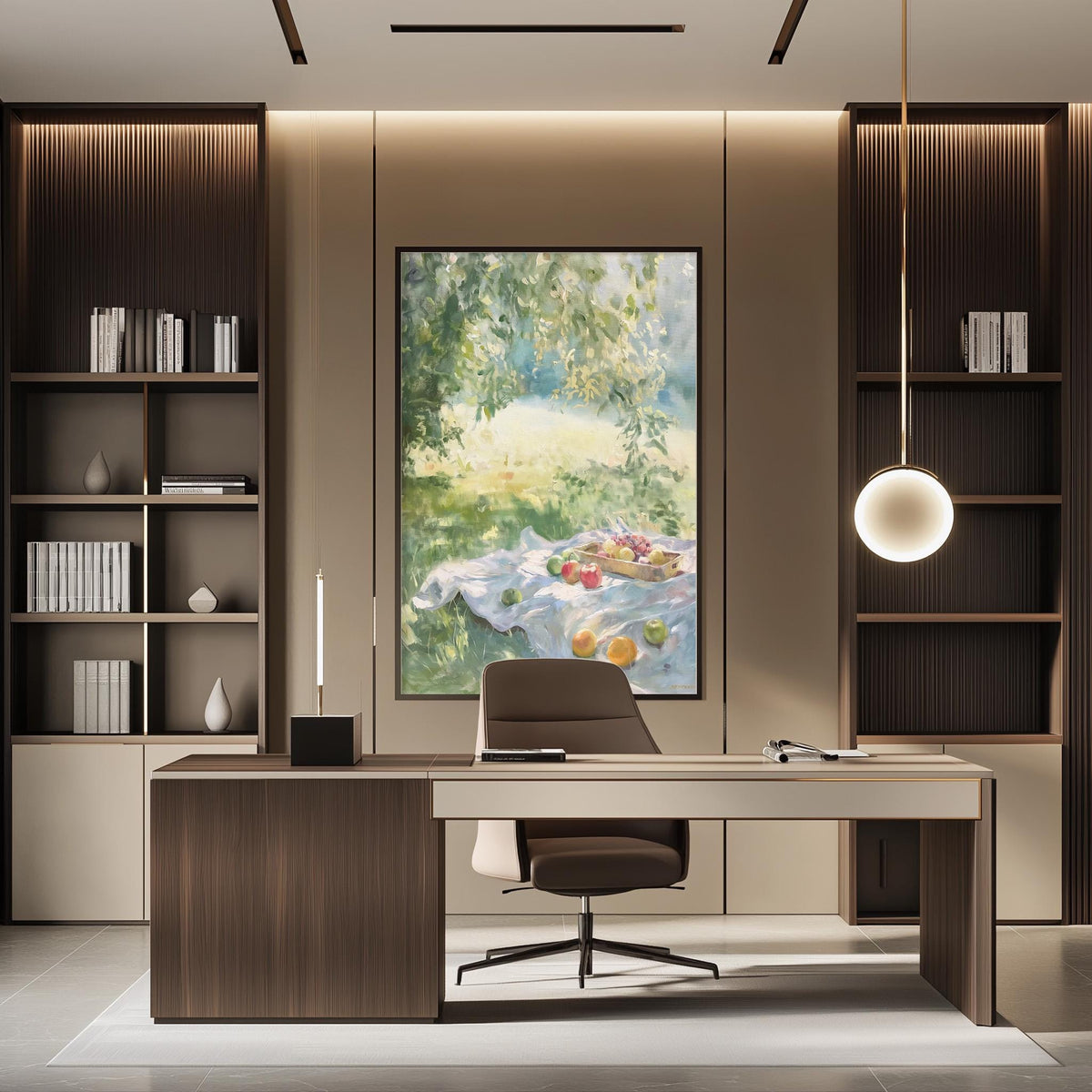 a modern and well-lit office space with a large painting of a fruit basket hanging on the wall. The office features a wooden desk, a comfortable chair, and a bookshelf filled with books. The overall design and decor create a pleasant and inviting atmosphere.