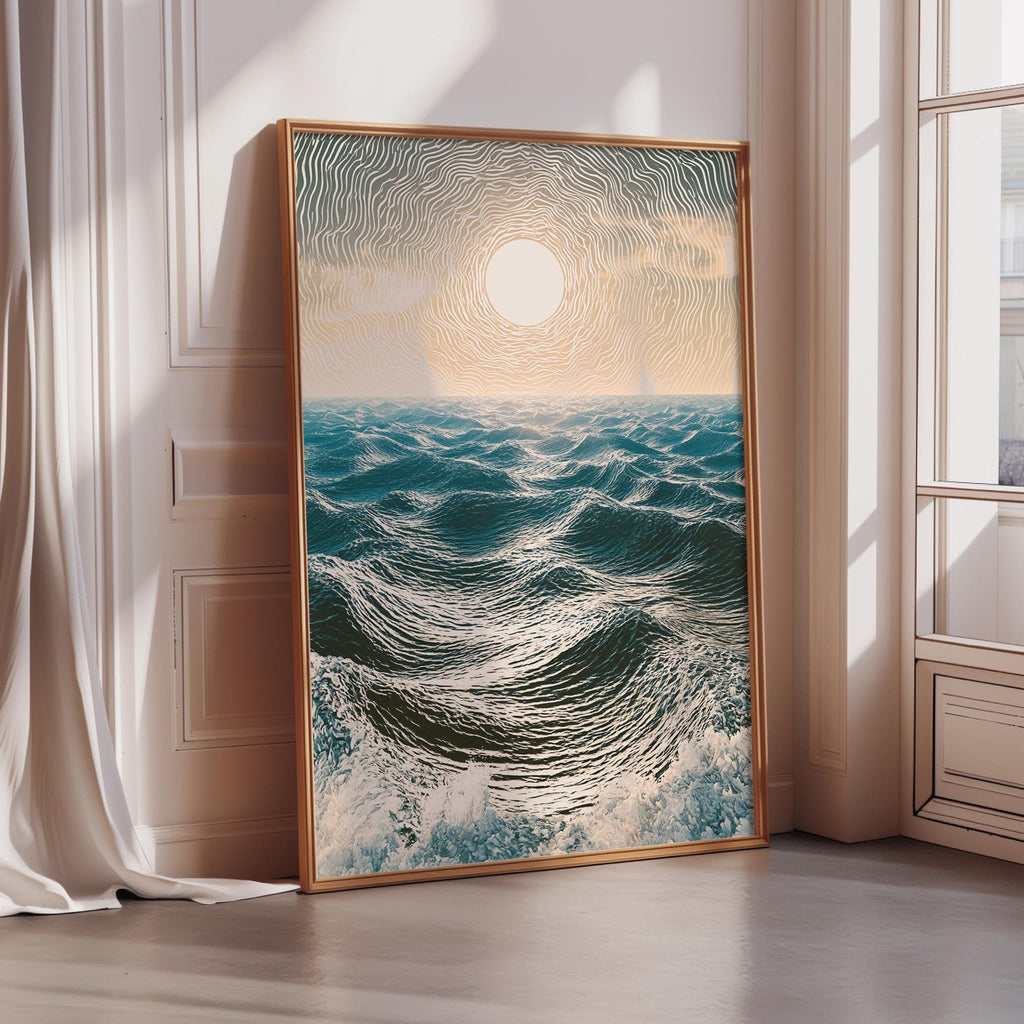 a large framed painting depicting a serene ocean scene with waves crashing against the shore.