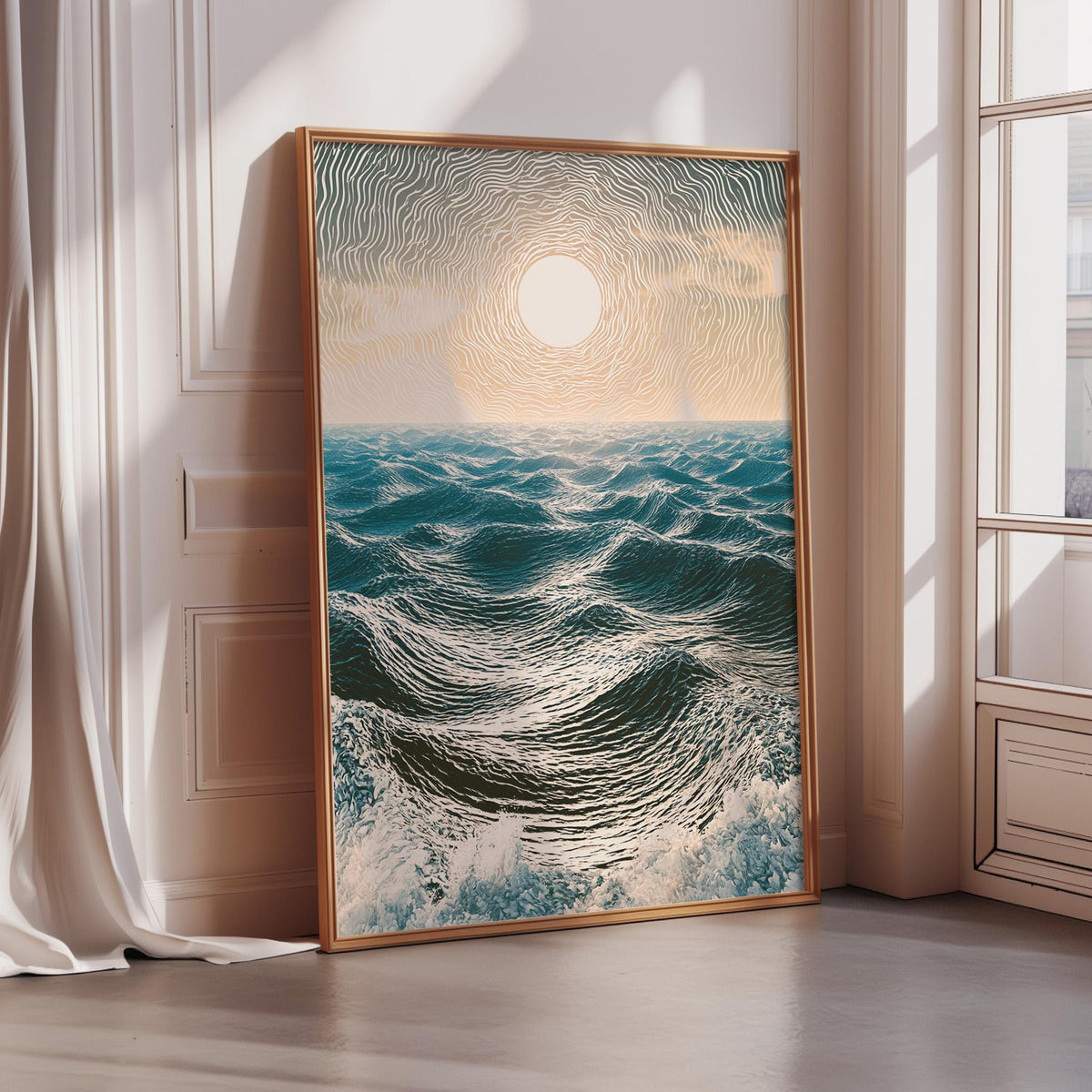 a large framed painting depicting a serene ocean scene with waves crashing against the shore.
