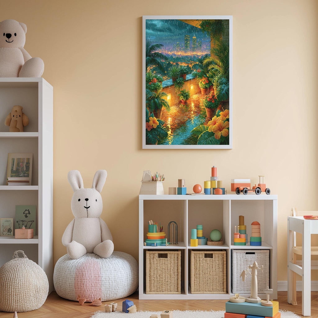 A cozy children's room with a large stuffed bunny, a bookshelf, and a colorful painting of a tropical island.