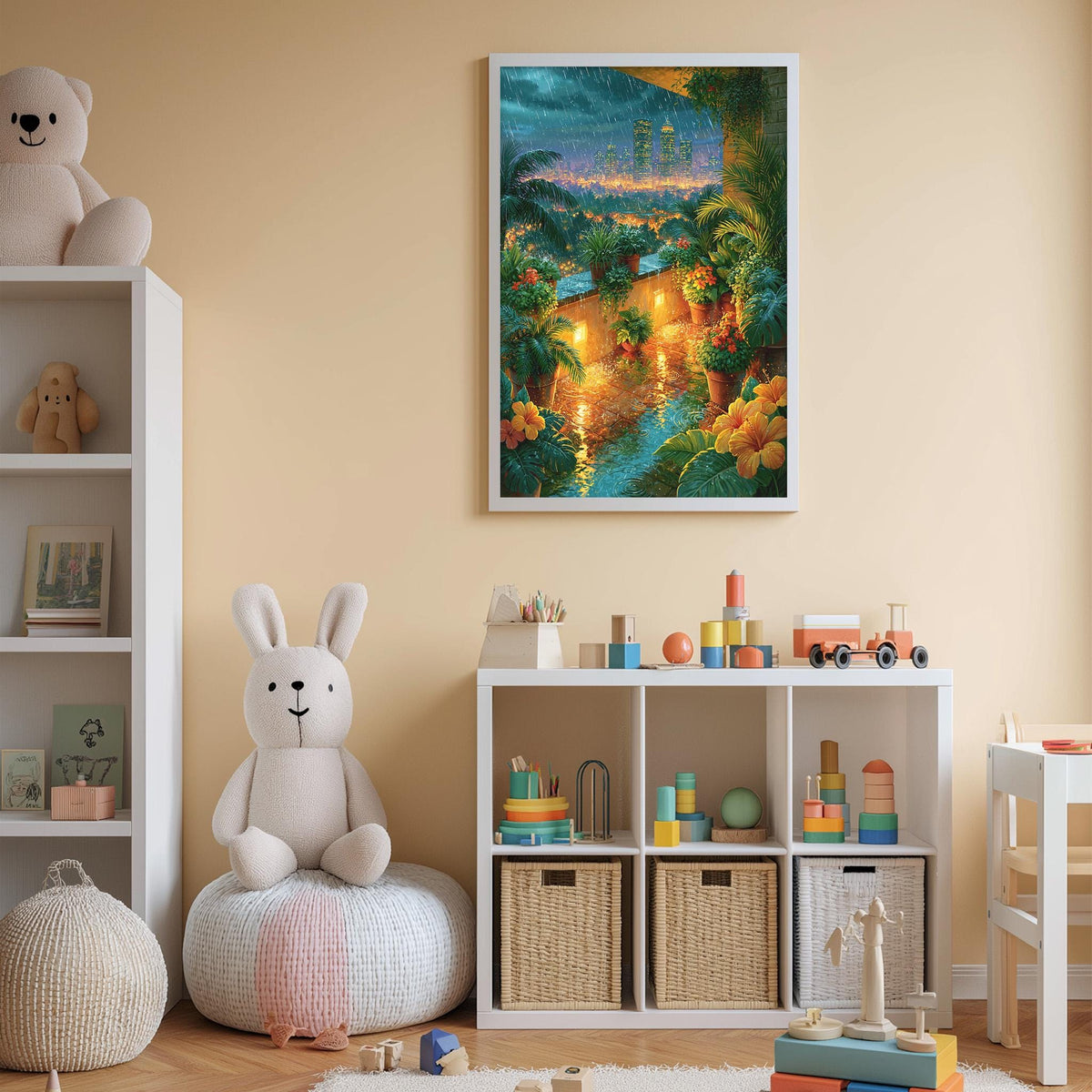 A cozy children's room with a large stuffed bunny, a bookshelf, and a colorful painting of a tropical island.