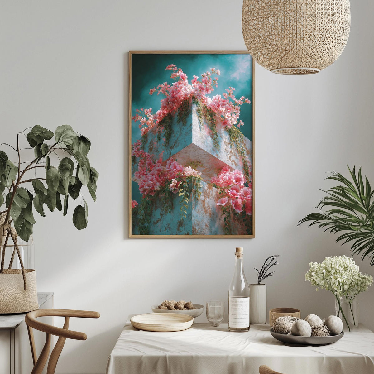 a dining table with a white tablecloth, a vase of white flowers, a bottle of wine, and a bowl of fruit. Above the table, there is a framed picture of a building with pink flowers on it.
