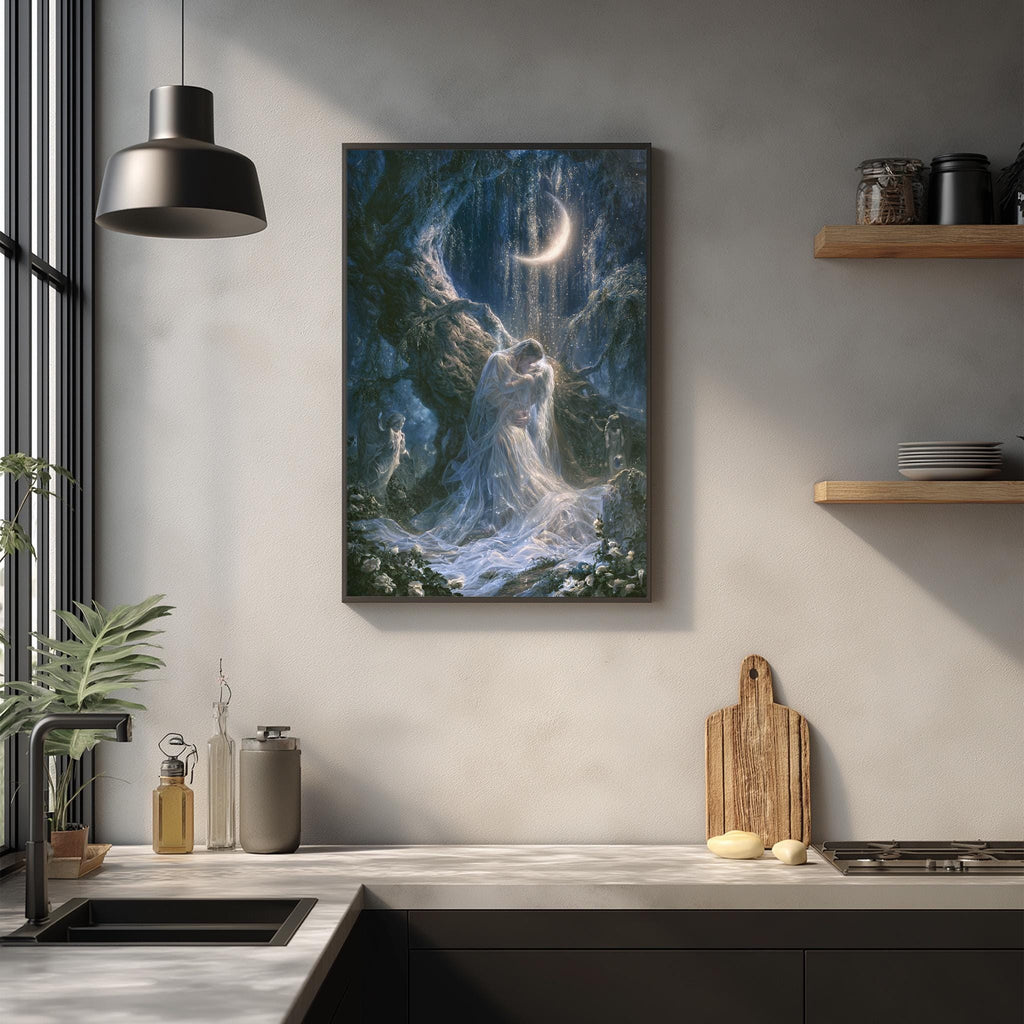a large, framed painting of a woman in a flowing dress standing in a cave-like setting, with a crescent moon above her. The painting is hanging on a wall above a kitchen counter with various kitchen items, such as a cutting board, a bottle, and a vase.