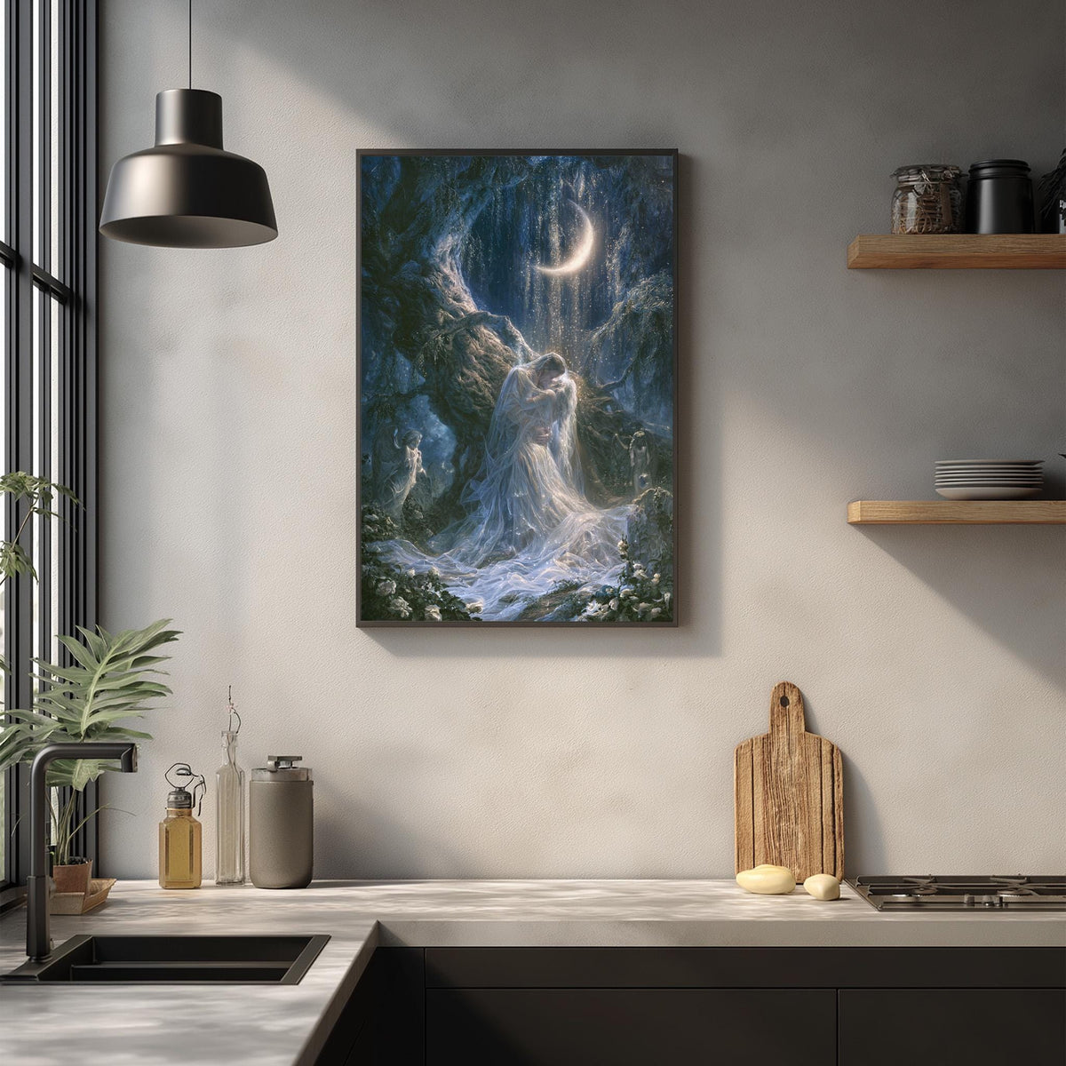 a large, framed painting of a woman in a flowing dress standing in a cave-like setting, with a crescent moon above her. The painting is hanging on a wall above a kitchen counter with various kitchen items, such as a cutting board, a bottle, and a vase.