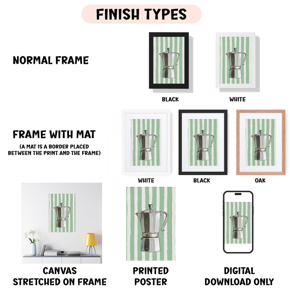 various finish types for a framed artwork, including a normal frame, a frame with a mat, a white frame, a black frame, an oak frame, a white canvas stretched on a frame, a printed poster, and a digital download only.
