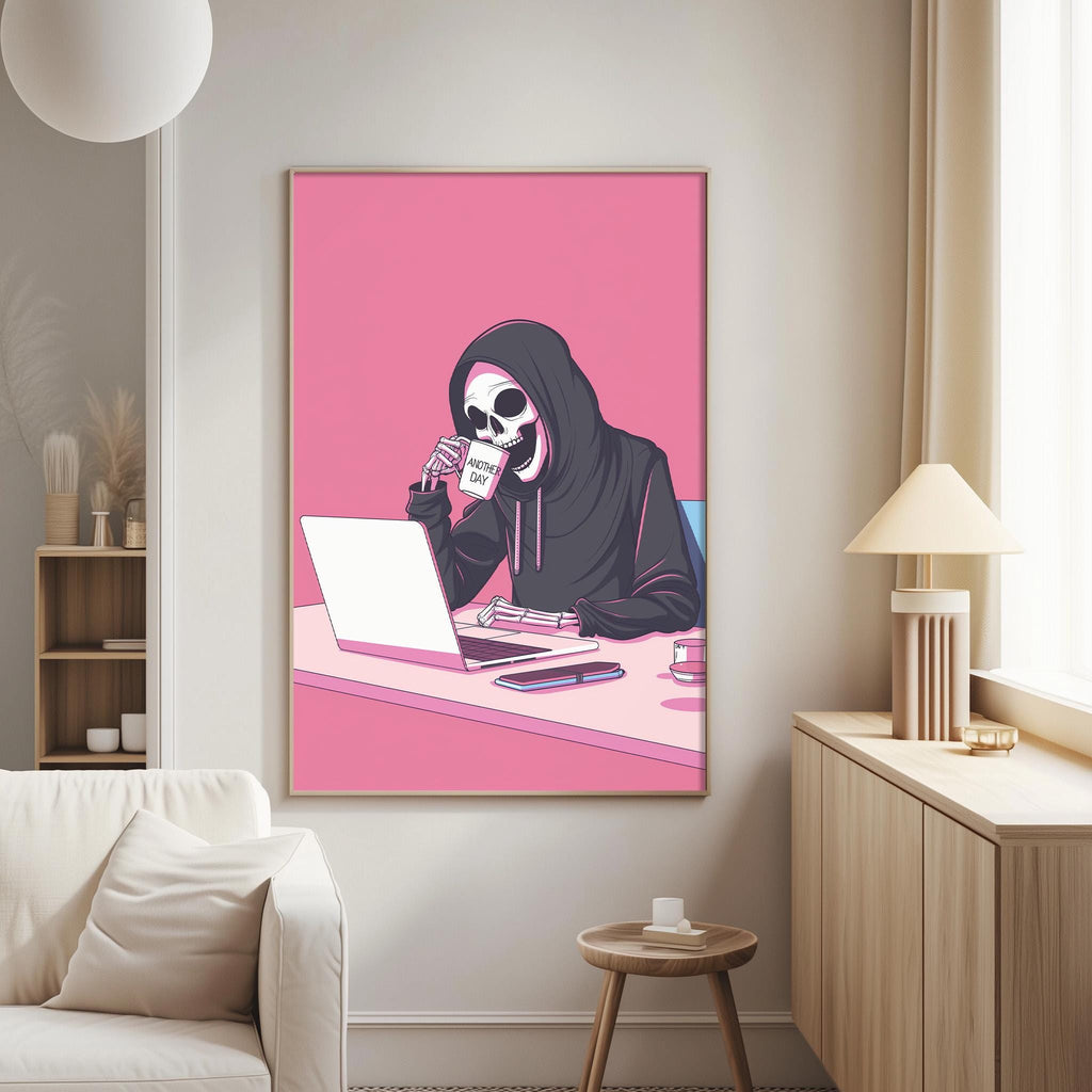 a poster of a skeleton wearing a hoodie and holding a coffee mug, sitting at a desk with a laptop.