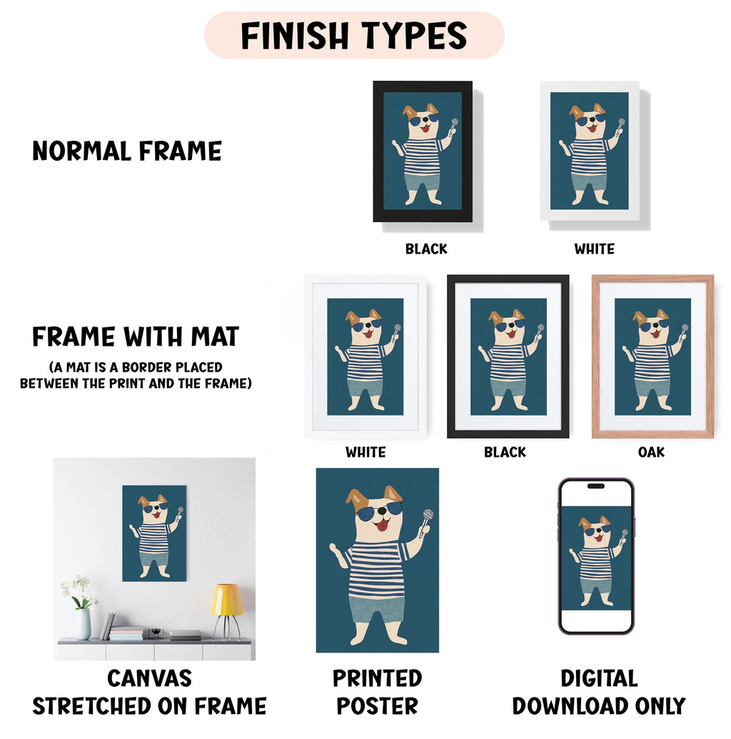 various types of artwork, including a normal frame, a frame with a mat, a white frame, a black frame, an oak frame, a white canvas stretched on a frame, a printed poster, and a digital download only.