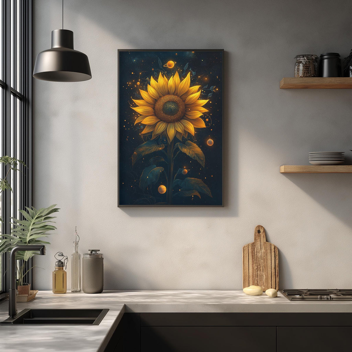 a kitchen counter with a framed painting of a sunflower above it, along with various kitchen items such as a cutting board, a soap dispenser, and a plant.