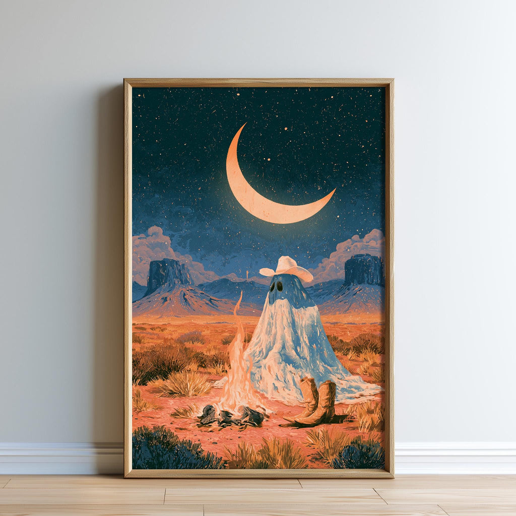 The image is a framed artwork depicting a ghost-like figure sitting by a campfire in a desert landscape under a crescent moon.