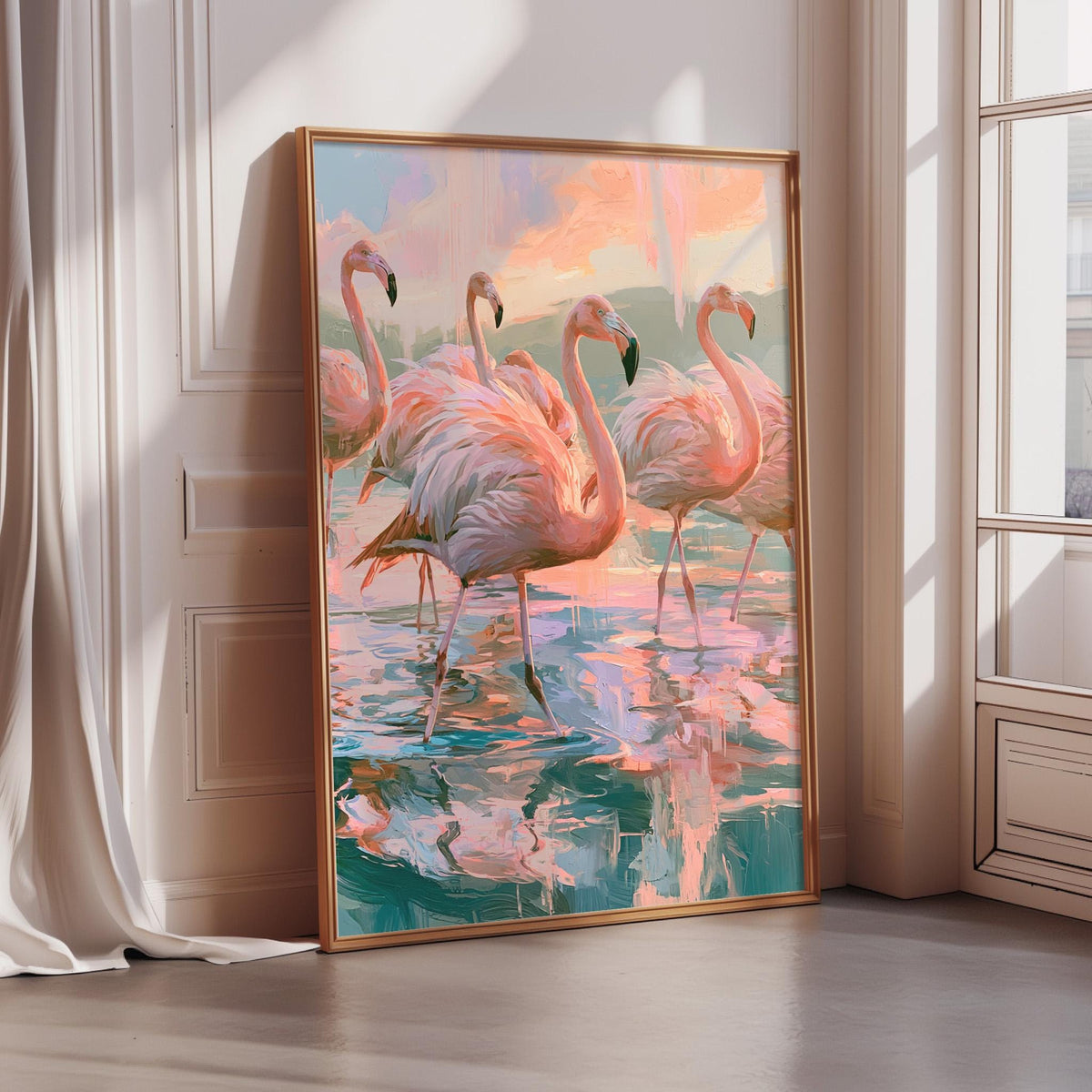 A framed painting of a group of pink flamingos standing in a body of water, with a colorful and vibrant background.